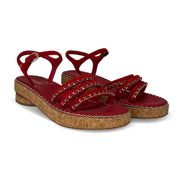 Chanel Shoes - Chanel Red Suede Chain Trim Cork Platform Sandals Ankle Strap CC Logo Size 36.5C